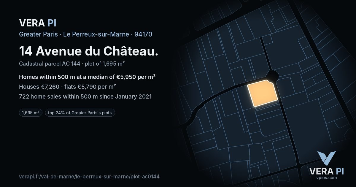 14 Avenue du Château, Le Perreux-sur-Marne at night – the plot lit, the parcels around coloured by the prices near them