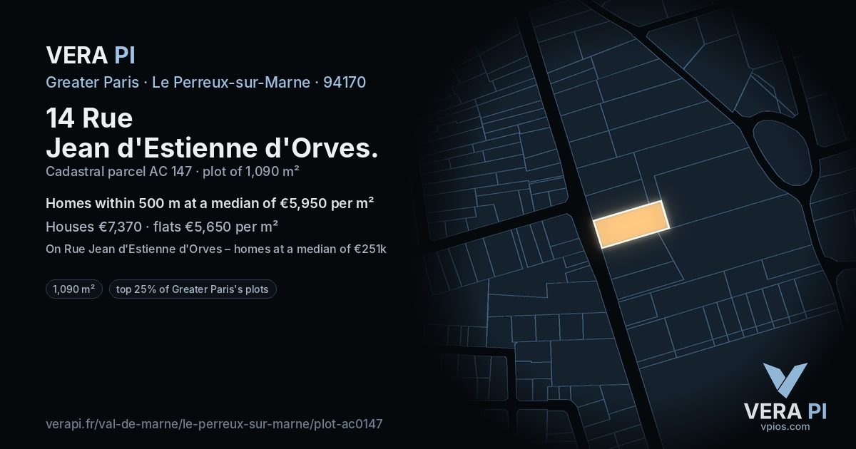 14 Rue Jean d'Estienne d'Orves, Le Perreux-sur-Marne at night – the plot lit, the parcels around coloured by the prices near them
