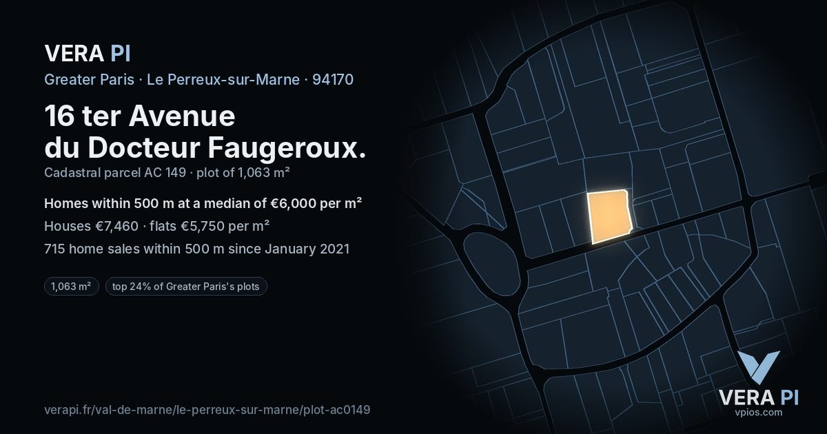 16 ter Avenue du Docteur Faugeroux, Le Perreux-sur-Marne at night – the plot lit, the parcels around coloured by the prices near them