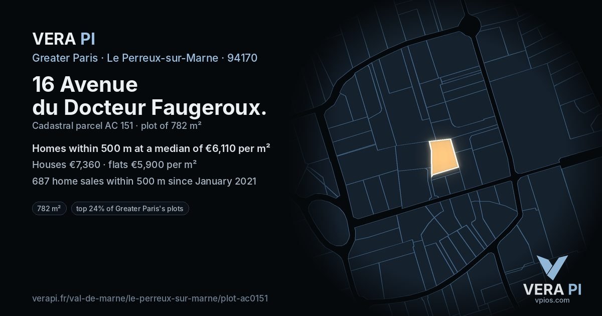 16 Avenue du Docteur Faugeroux, Le Perreux-sur-Marne at night – the plot lit, the parcels around coloured by the prices near them