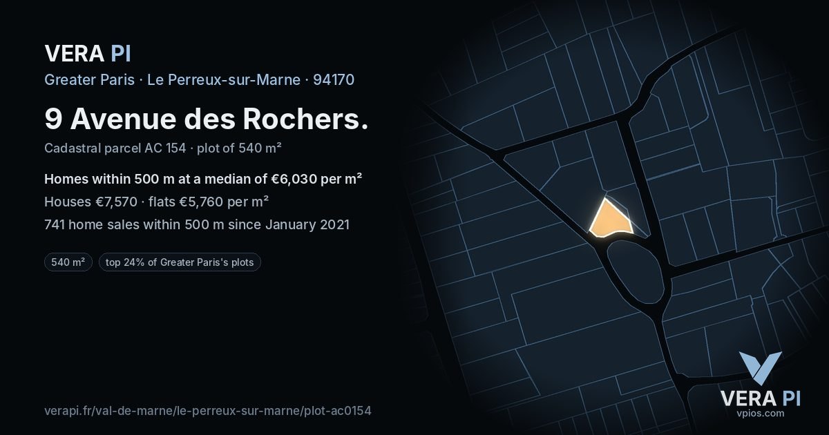 9 Avenue des Rochers, Le Perreux-sur-Marne at night – the plot lit, the parcels around coloured by the prices near them