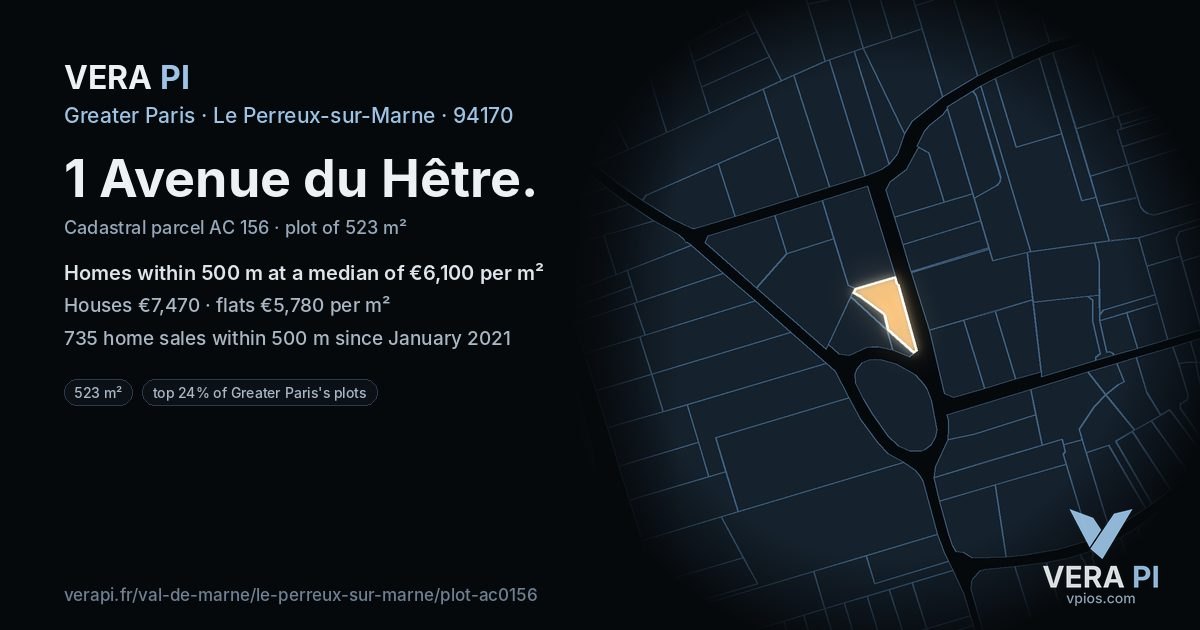 1 Avenue du Hêtre, Le Perreux-sur-Marne at night – the plot lit, the parcels around coloured by the prices near them
