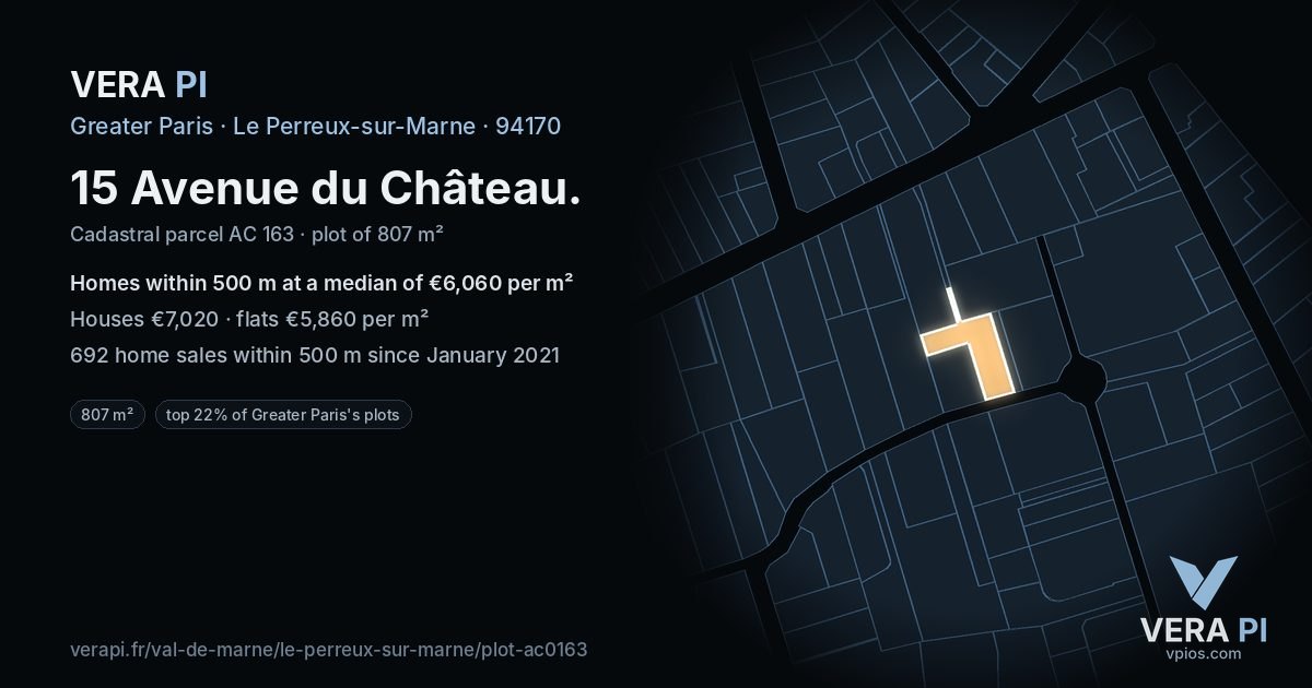 15 Avenue du Château, Le Perreux-sur-Marne at night – the plot lit, the parcels around coloured by the prices near them