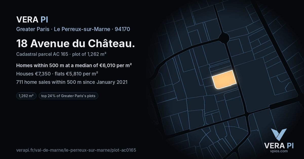 18 Avenue du Château, Le Perreux-sur-Marne at night – the plot lit, the parcels around coloured by the prices near them