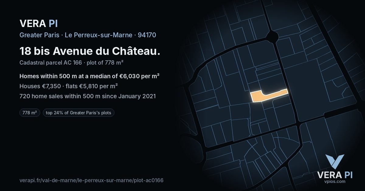 18 bis Avenue du Château, Le Perreux-sur-Marne at night – the plot lit, the parcels around coloured by the prices near them