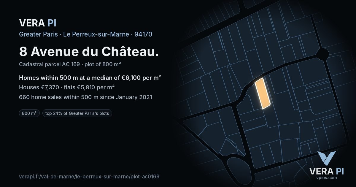 8 Avenue du Château, Le Perreux-sur-Marne at night – the plot lit, the parcels around coloured by the prices near them