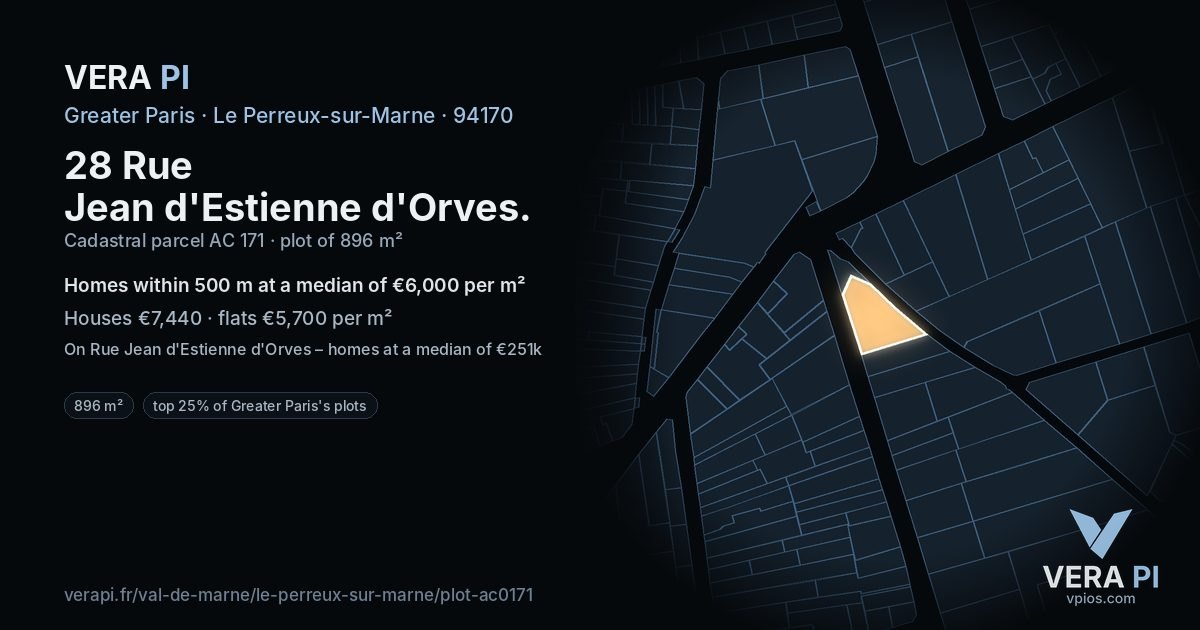 28 Rue Jean d'Estienne d'Orves, Le Perreux-sur-Marne at night – the plot lit, the parcels around coloured by the prices near them