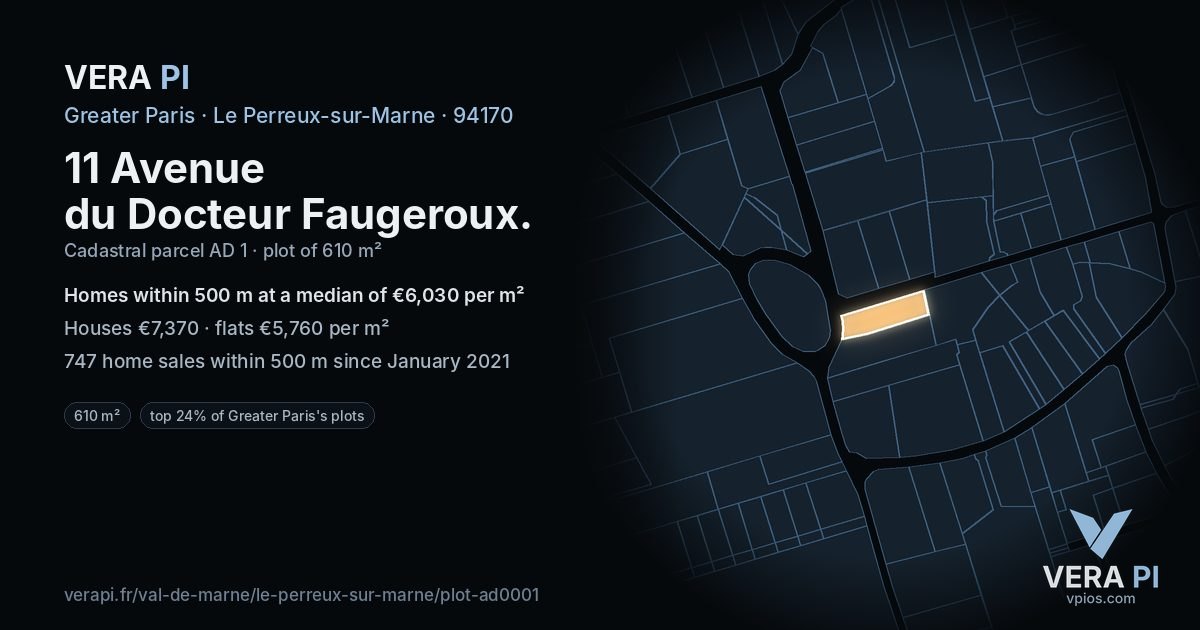 11 Avenue du Docteur Faugeroux, Le Perreux-sur-Marne at night – the plot lit, the parcels around coloured by the prices near them