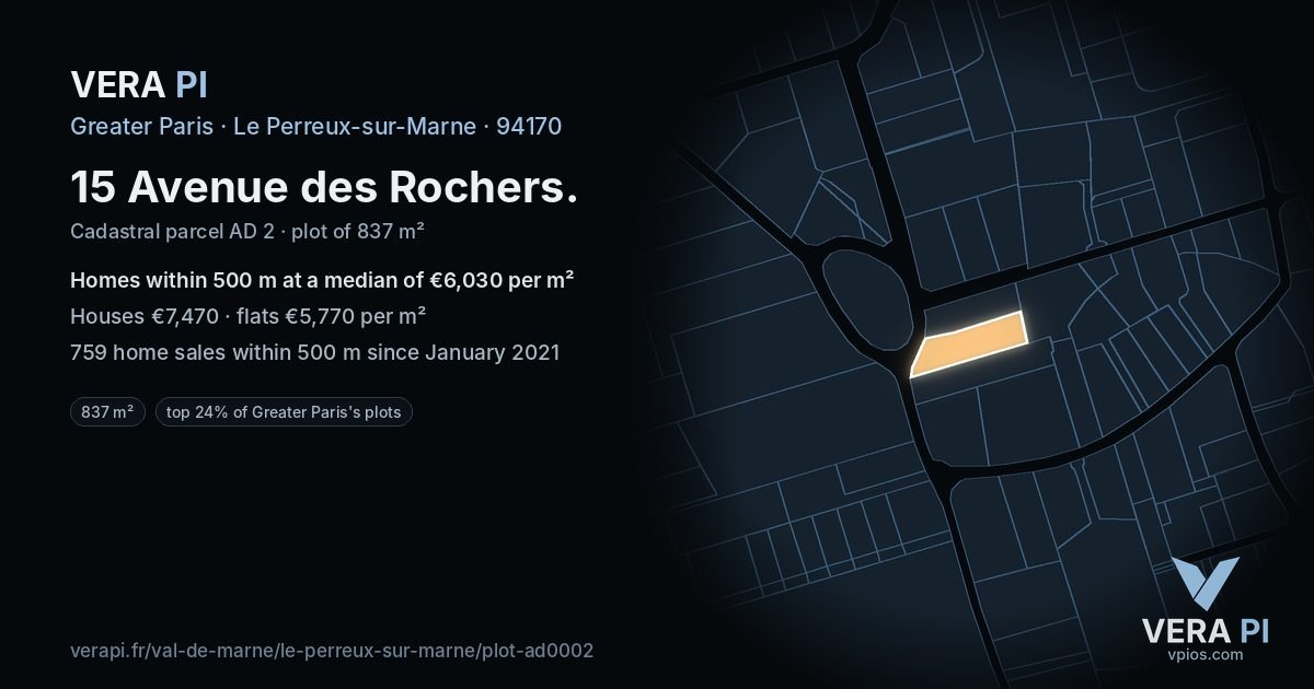 15 Avenue des Rochers, Le Perreux-sur-Marne at night – the plot lit, the parcels around coloured by the prices near them