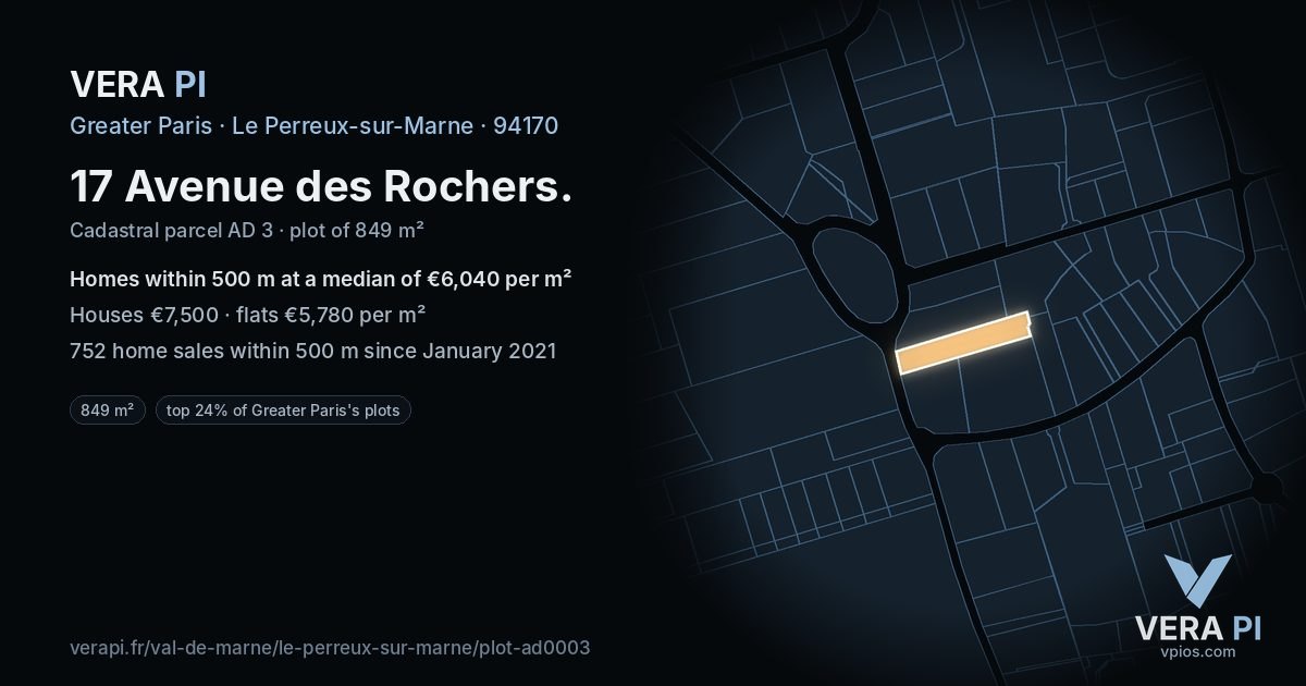 17 Avenue des Rochers, Le Perreux-sur-Marne at night – the plot lit, the parcels around coloured by the prices near them