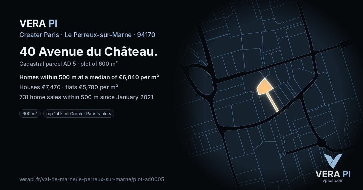 40 Avenue du Château, Le Perreux-sur-Marne at night – the plot lit, the parcels around coloured by the prices near them