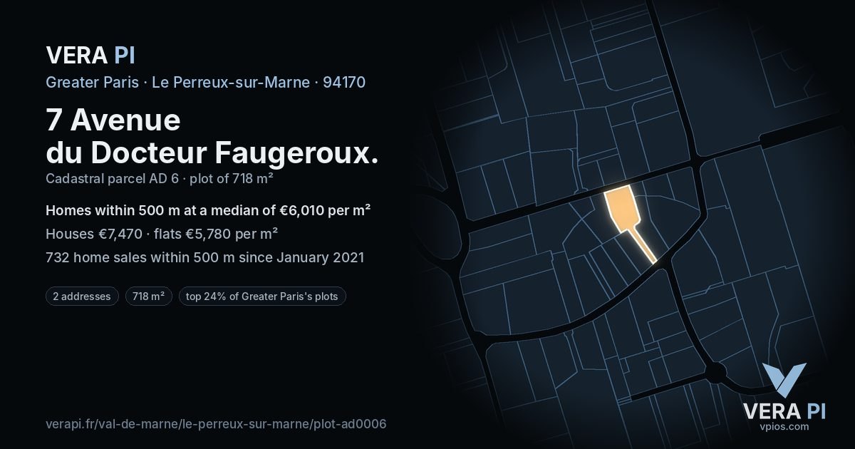 7 Avenue du Docteur Faugeroux, Le Perreux-sur-Marne at night – the plot lit, the parcels around coloured by the prices near them