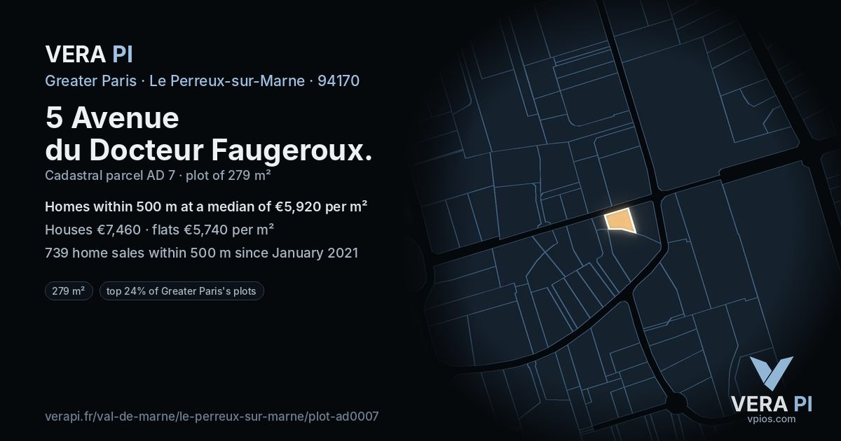5 Avenue du Docteur Faugeroux, Le Perreux-sur-Marne at night – the plot lit, the parcels around coloured by the prices near them