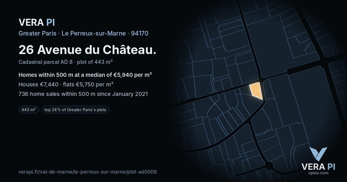 26 Avenue du Château, Le Perreux-sur-Marne at night – the plot lit, the parcels around coloured by the prices near them