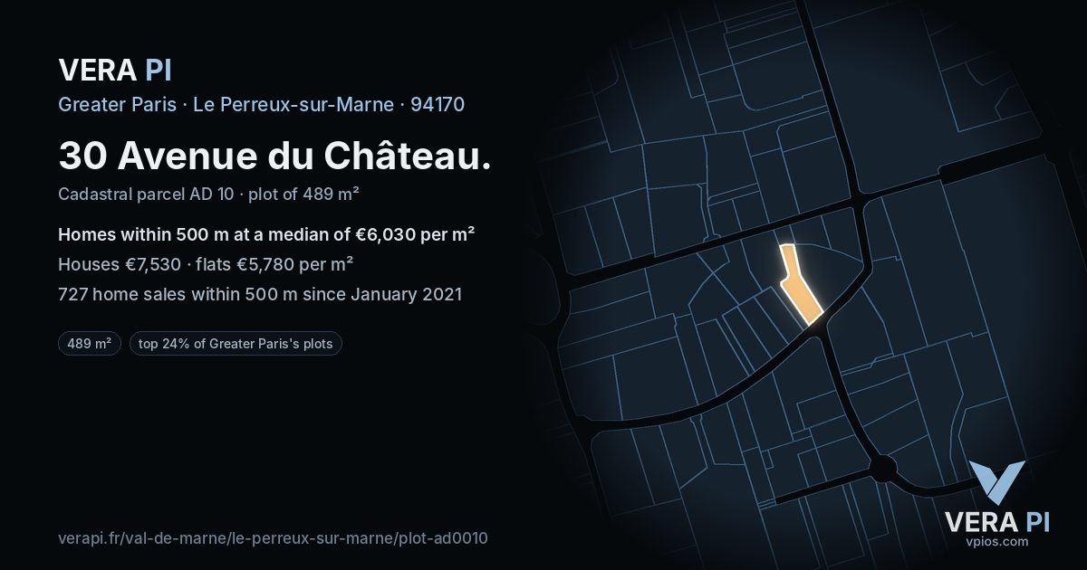 30 Avenue du Château, Le Perreux-sur-Marne at night – the plot lit, the parcels around coloured by the prices near them