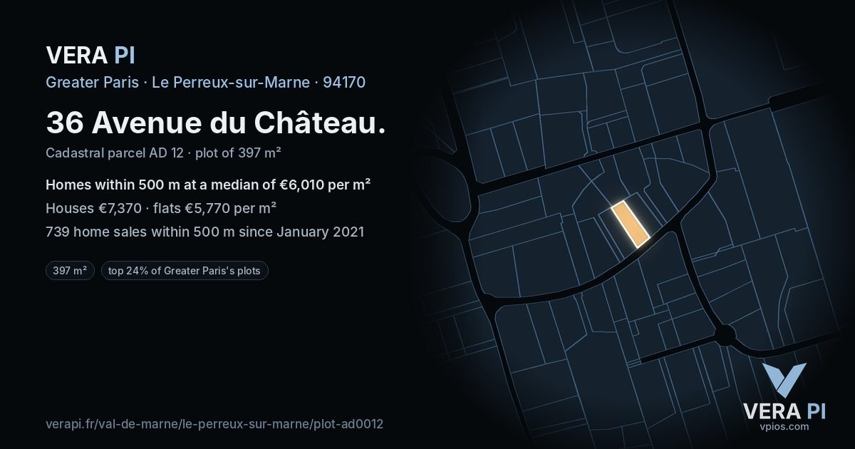 36 Avenue du Château, Le Perreux-sur-Marne at night – the plot lit, the parcels around coloured by the prices near them