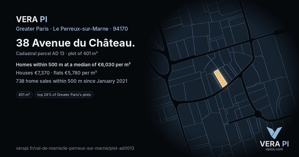 38 Avenue du Château, Le Perreux-sur-Marne at night – the plot lit, the parcels around coloured by the prices near them