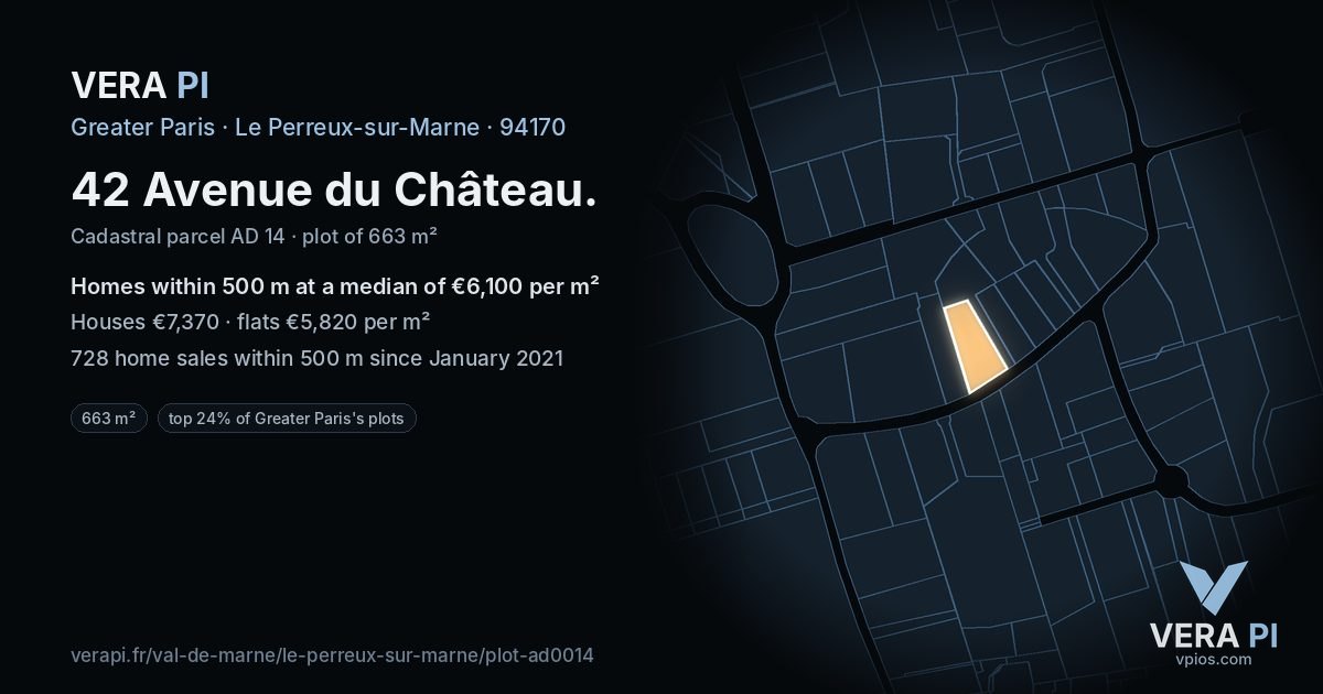 42 Avenue du Château, Le Perreux-sur-Marne at night – the plot lit, the parcels around coloured by the prices near them