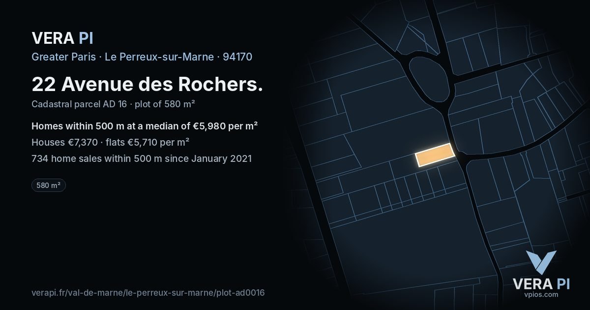 22 Avenue des Rochers, Le Perreux-sur-Marne at night – the plot lit, the parcels around coloured by the prices near them