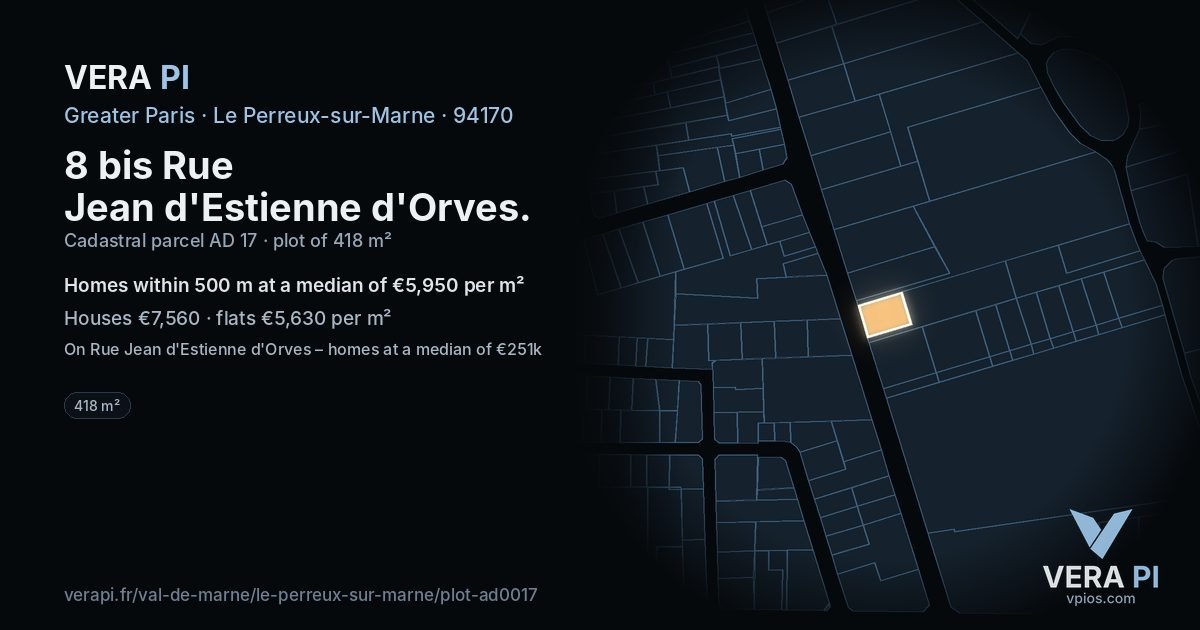 8 bis Rue Jean d'Estienne d'Orves, Le Perreux-sur-Marne at night – the plot lit, the parcels around coloured by the prices near them