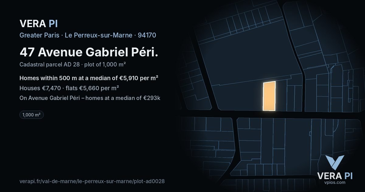 47 Avenue Gabriel Péri, Le Perreux-sur-Marne at night – the plot lit, the parcels around coloured by the prices near them