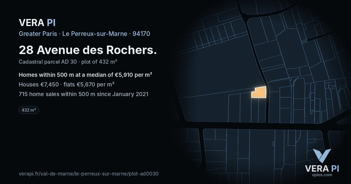 28 Avenue des Rochers, Le Perreux-sur-Marne at night – the plot lit, the parcels around coloured by the prices near them