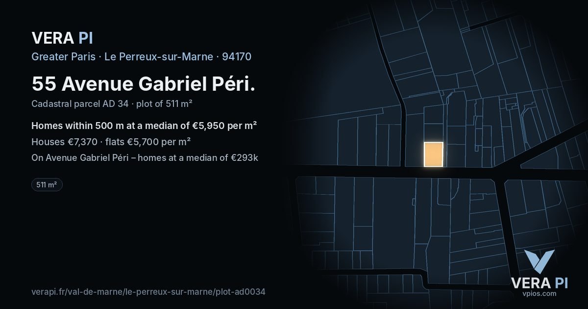 55 Avenue Gabriel Péri, Le Perreux-sur-Marne at night – the plot lit, the parcels around coloured by the prices near them