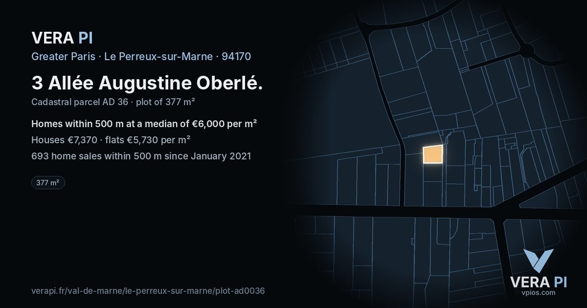 3 Allée Augustine Oberlé, Le Perreux-sur-Marne at night – the plot lit, the parcels around coloured by the prices near them