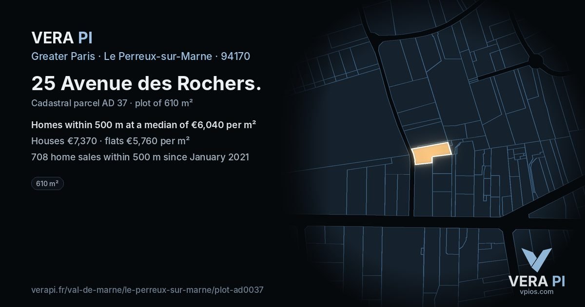 25 Avenue des Rochers, Le Perreux-sur-Marne at night – the plot lit, the parcels around coloured by the prices near them
