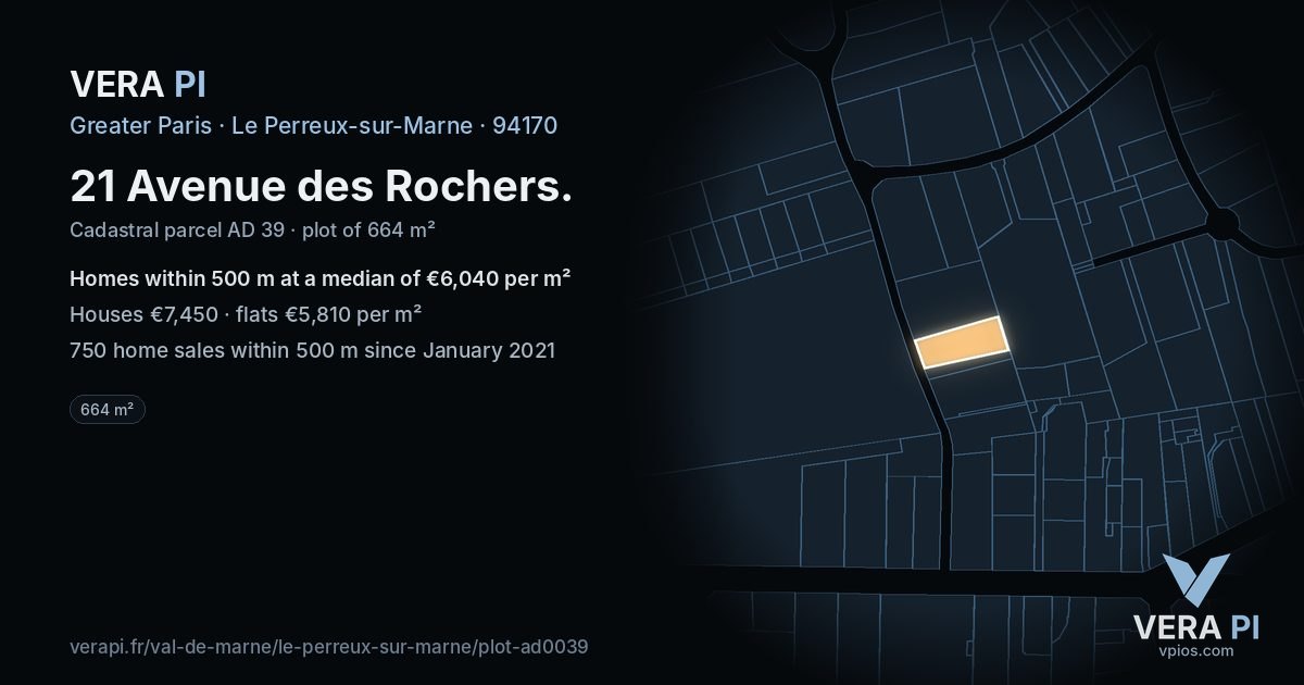 21 Avenue des Rochers, Le Perreux-sur-Marne at night – the plot lit, the parcels around coloured by the prices near them