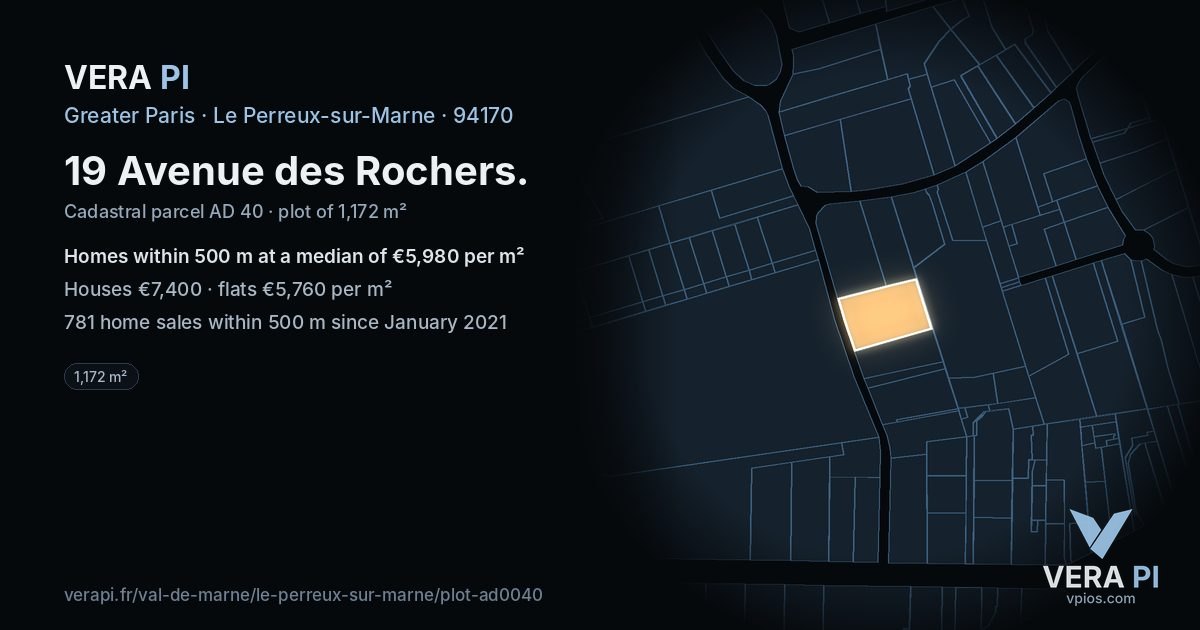 19 Avenue des Rochers, Le Perreux-sur-Marne at night – the plot lit, the parcels around coloured by the prices near them