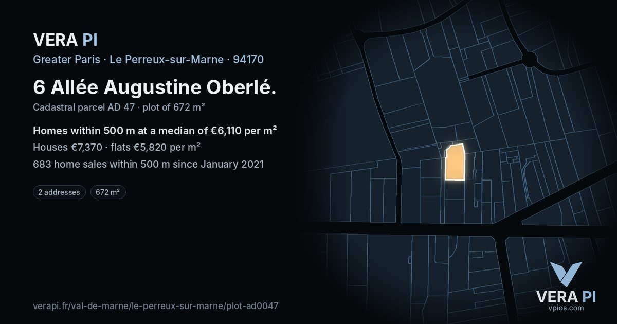 6 Allée Augustine Oberlé, Le Perreux-sur-Marne at night – the plot lit, the parcels around coloured by the prices near them