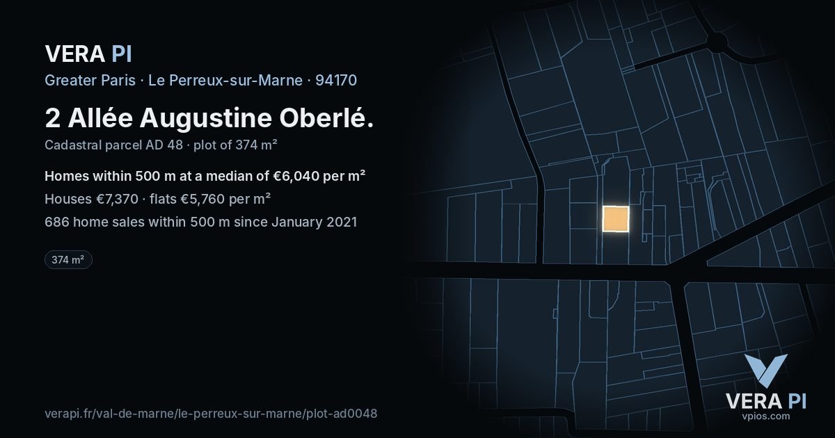 2 Allée Augustine Oberlé, Le Perreux-sur-Marne at night – the plot lit, the parcels around coloured by the prices near them