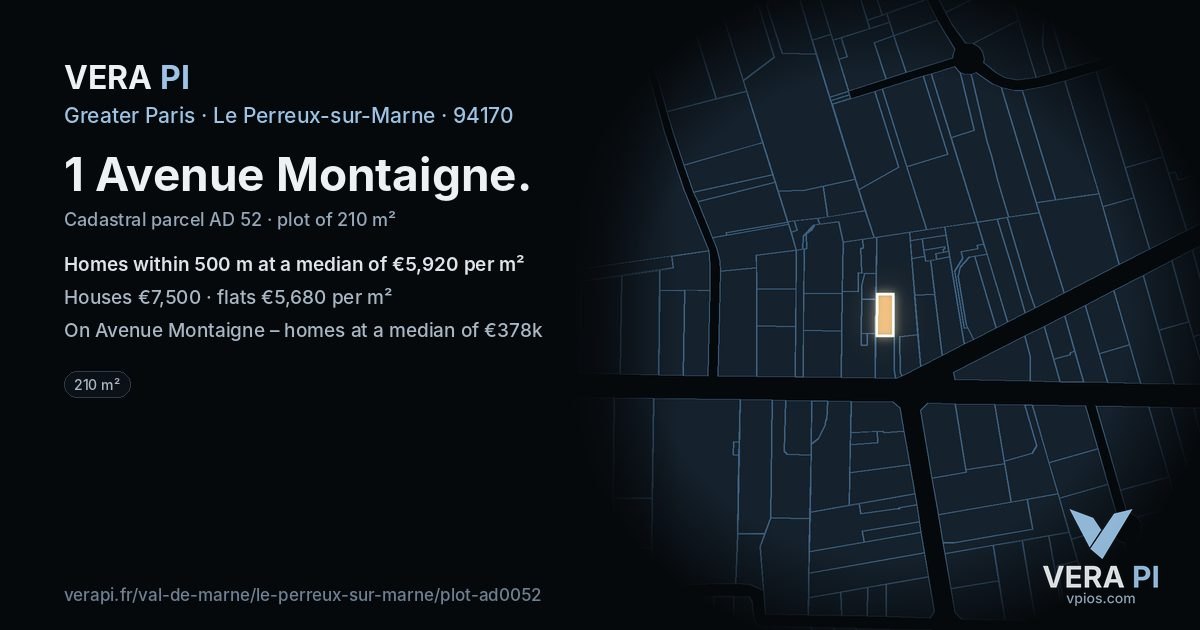 1 Avenue Montaigne, Le Perreux-sur-Marne at night – the plot lit, the parcels around coloured by the prices near them
