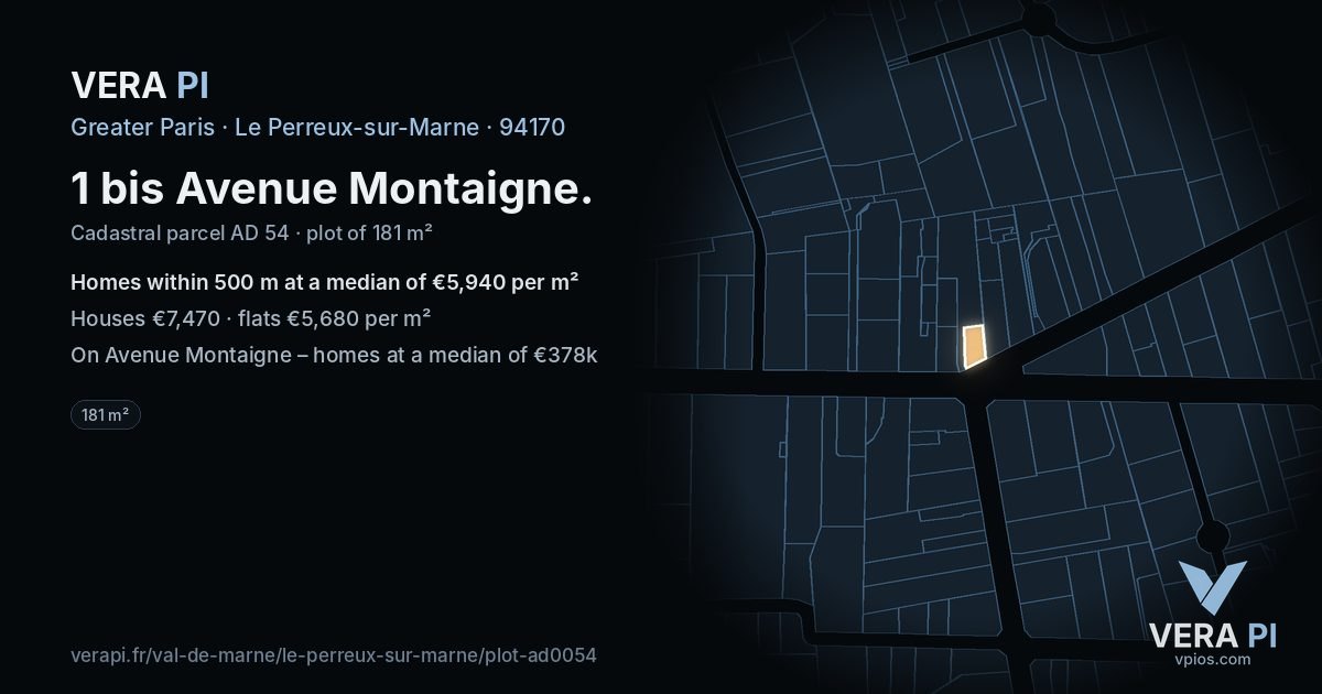 1 bis Avenue Montaigne, Le Perreux-sur-Marne at night – the plot lit, the parcels around coloured by the prices near them