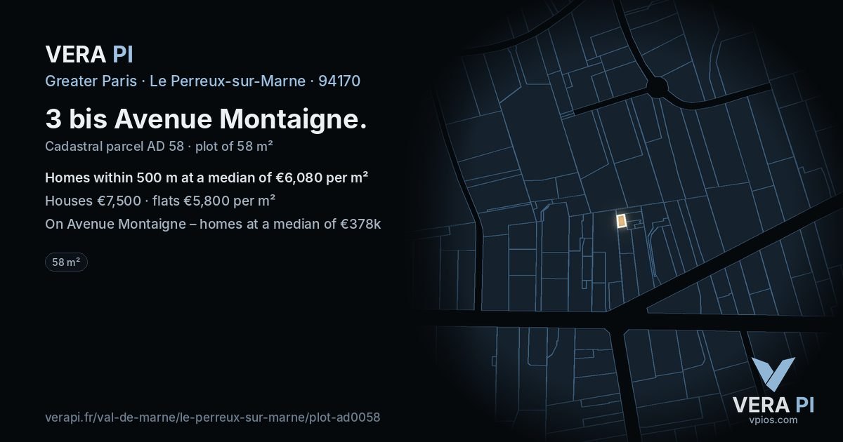 3 bis Avenue Montaigne, Le Perreux-sur-Marne at night – the plot lit, the parcels around coloured by the prices near them