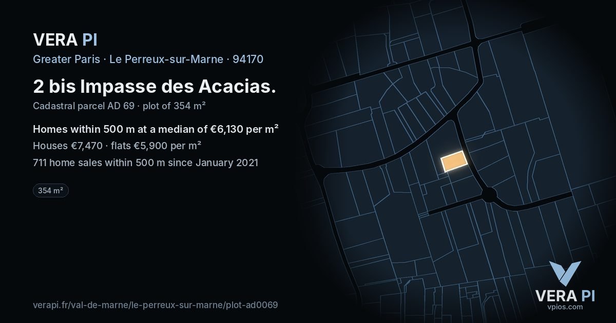 2 bis Impasse des Acacias, Le Perreux-sur-Marne at night – the plot lit, the parcels around coloured by the prices near them