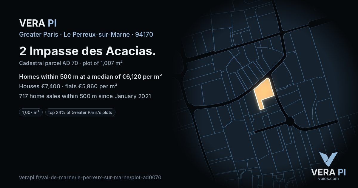 2 Impasse des Acacias, Le Perreux-sur-Marne at night – the plot lit, the parcels around coloured by the prices near them