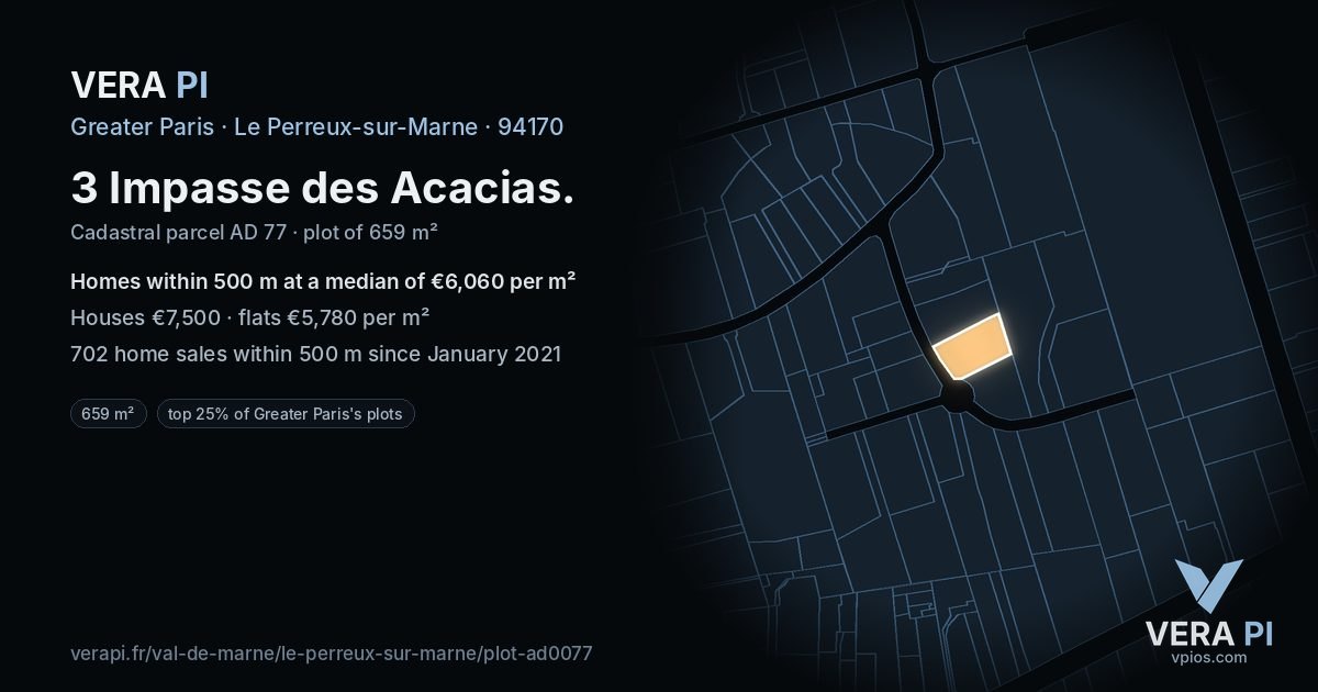 3 Impasse des Acacias, Le Perreux-sur-Marne at night – the plot lit, the parcels around coloured by the prices near them