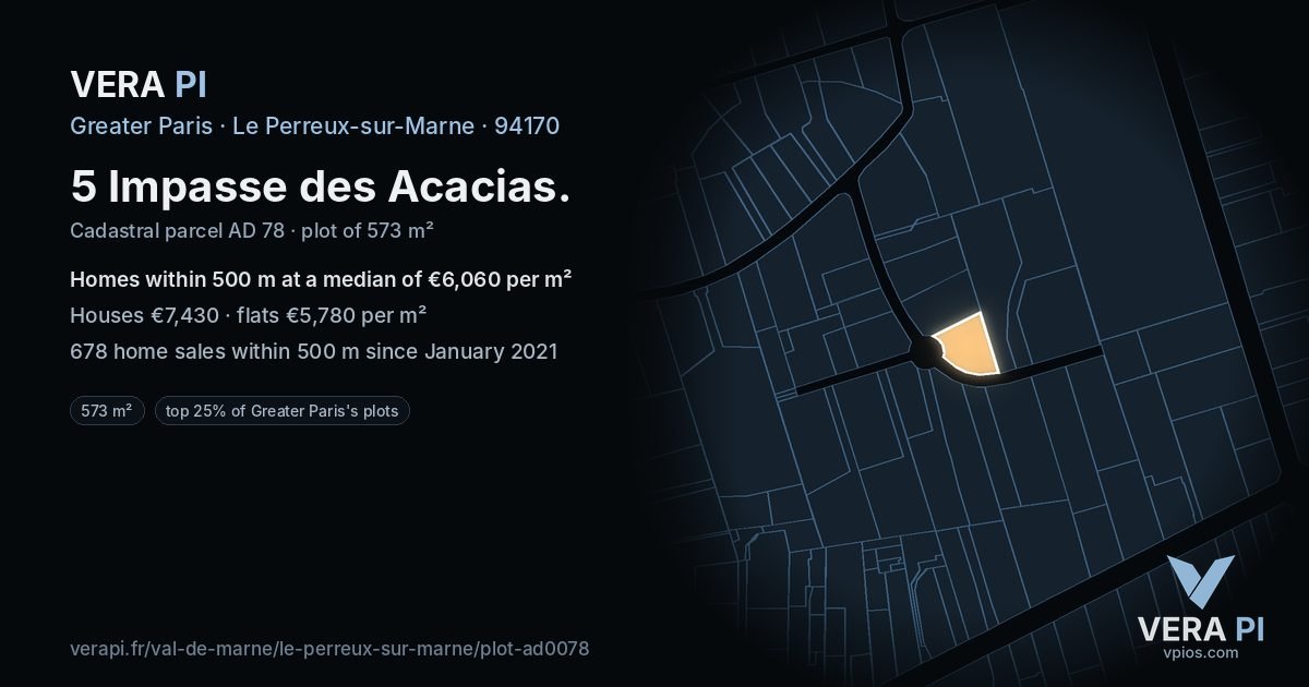 5 Impasse des Acacias, Le Perreux-sur-Marne at night – the plot lit, the parcels around coloured by the prices near them