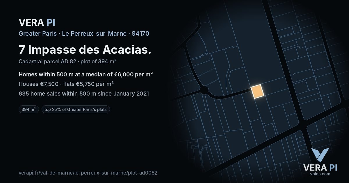 7 Impasse des Acacias, Le Perreux-sur-Marne at night – the plot lit, the parcels around coloured by the prices near them