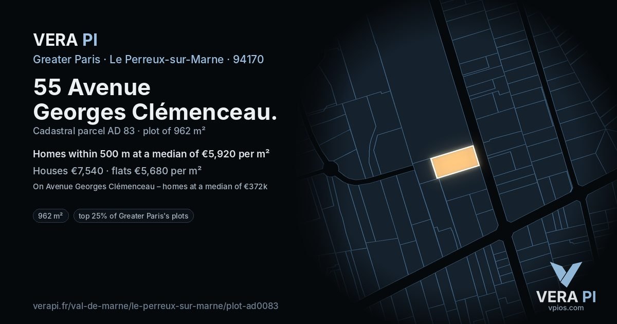 55 Avenue Georges Clémenceau, Le Perreux-sur-Marne at night – the plot lit, the parcels around coloured by the prices near them