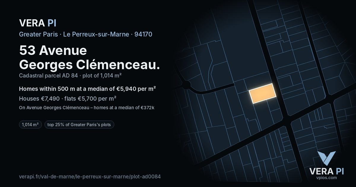 53 Avenue Georges Clémenceau, Le Perreux-sur-Marne at night – the plot lit, the parcels around coloured by the prices near them