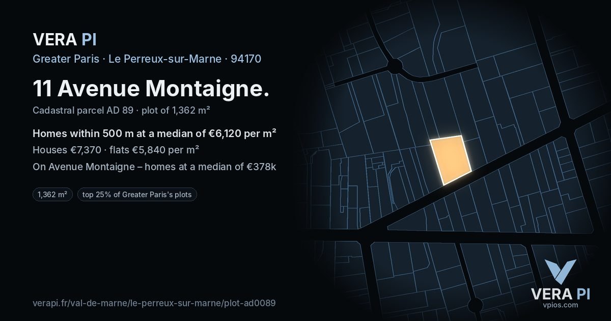 11 Avenue Montaigne, Le Perreux-sur-Marne at night – the plot lit, the parcels around coloured by the prices near them