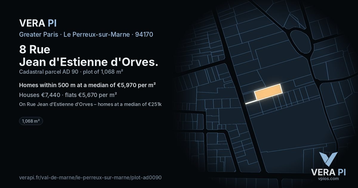 8 Rue Jean d'Estienne d'Orves, Le Perreux-sur-Marne at night – the plot lit, the parcels around coloured by the prices near them