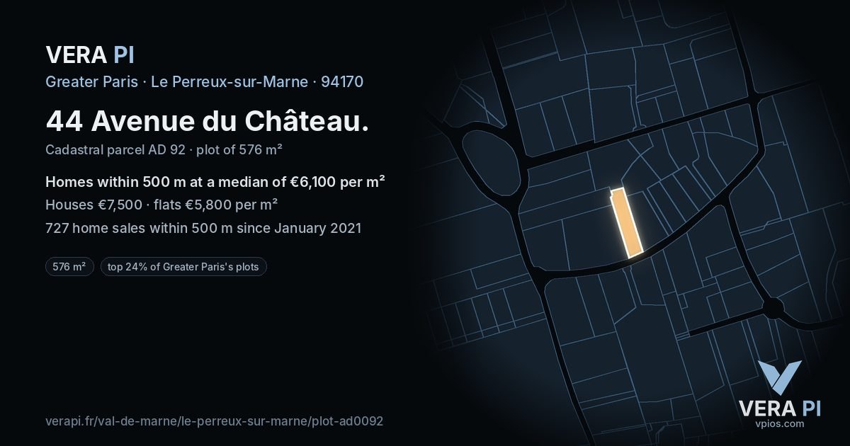 44 Avenue du Château, Le Perreux-sur-Marne at night – the plot lit, the parcels around coloured by the prices near them