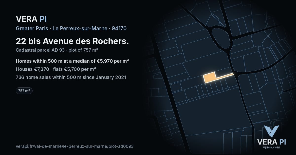22 bis Avenue des Rochers, Le Perreux-sur-Marne at night – the plot lit, the parcels around coloured by the prices near them
