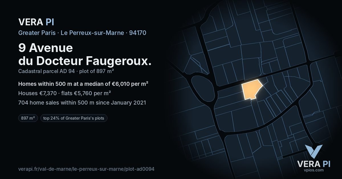 9 Avenue du Docteur Faugeroux, Le Perreux-sur-Marne at night – the plot lit, the parcels around coloured by the prices near them