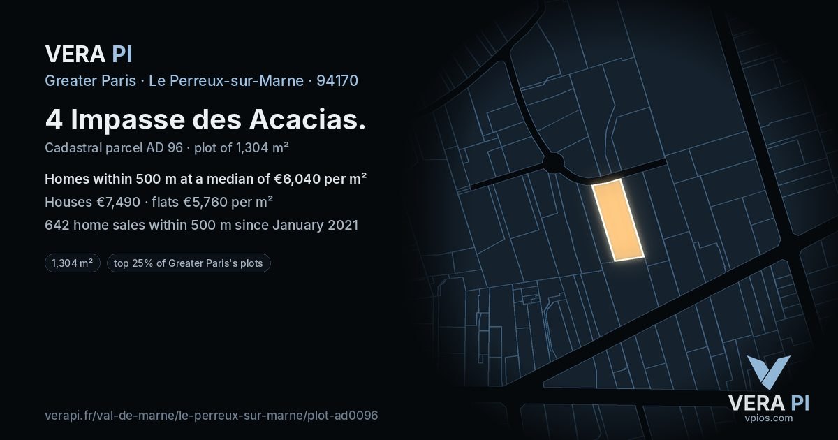4 Impasse des Acacias, Le Perreux-sur-Marne at night – the plot lit, the parcels around coloured by the prices near them
