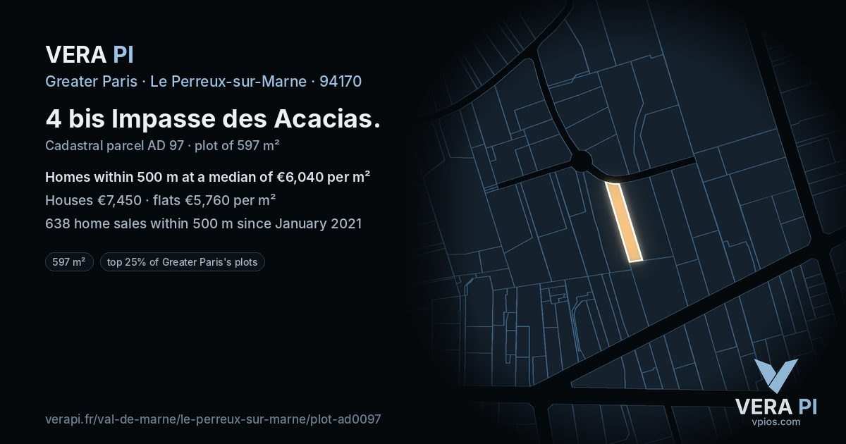 4 bis Impasse des Acacias, Le Perreux-sur-Marne at night – the plot lit, the parcels around coloured by the prices near them